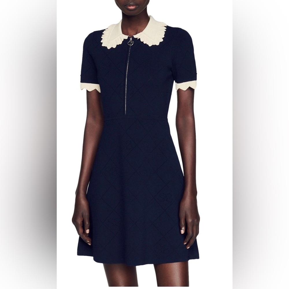 Sandro Navy Knit Dress with Cream Scallop Collar